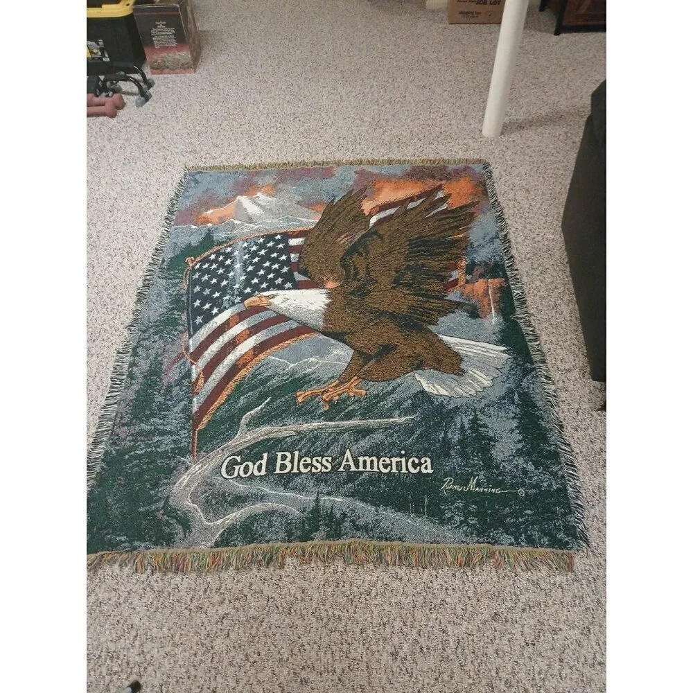 Bald Eagle Blanket Tapestry Ruane Manning Art Throw  American Flag 69”x 54